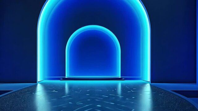 Illuminated podium setup for an event or presentation in a modern venue