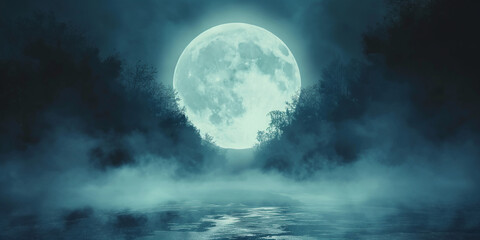 Full moon rising over river surrounded by foggy forest