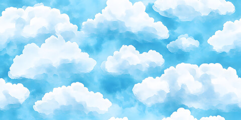 Seamless white puffy watercolor clouds on bright blue sky background pattern. Tileable hand painted digital gouache cartoon cloud texture. Abstract summer day landscape wallpaper or backdrop..