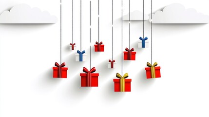 Festive Gift Boxes Hanging from Clouds