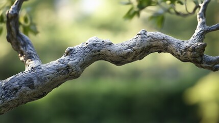 Fototapeta premium Close-up view of a twisted tree branch showcasing intricate textures in natural sunlight during a calm afternoon in a lush garden