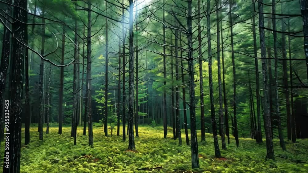 Poster exploring a lush forest with vibrant greenery and towering trees in the heart of nature
