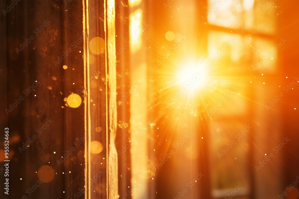 Poster Sunlight streaming through a window, illuminating a rustic interior with warm golden tones during the late afternoon hours