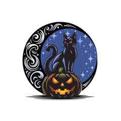 Black cat sitting on a jack o lantern under a stylized quarter moon.