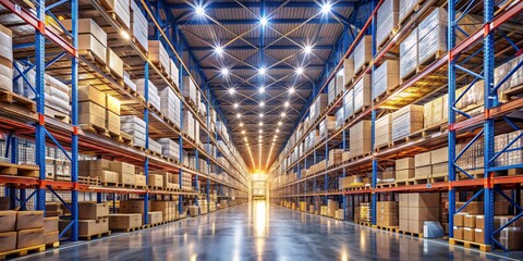 Fototapeta premium Warehouse Interior Perspective, Blue and Red Steel Shelves, Stacked Cardboard Boxes, Industrial Lighting, Warehouse, Logistics, Storage