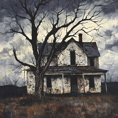 Dilapidated Farmhouse in Ominous Twilight Setting with Gnarled Trees and Sinister Expressionist