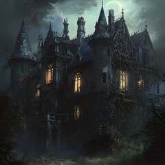 Haunted Victorian Mansion with Towering Spires and Eerie Glowing Windows on a Moonlit Night
