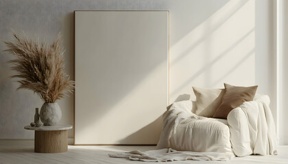 Minimalist living room with a white armchair and a large canvas mockup.