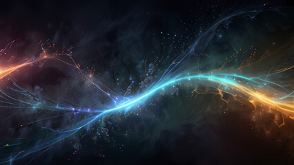 An ethereal abstract background illustrating the concept of ionization, with glowing negative and positive ions swirling in a misty atmosphere, connected by subtle lines of force