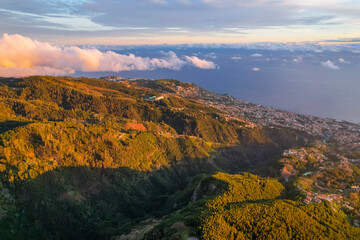 Sunset on the island of Madeira nature landscape in Portugal with a view of the main city of Funchal