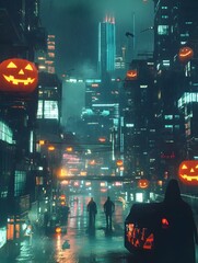Neon Lit Cityscape with Glowing Jack o  Lanterns and Futuristic Skyscrapers