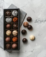 Obraz premium Top view of assorted chocolate truffles in box