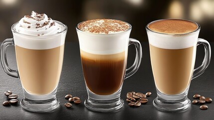 Three distinct coffee drinks showcase a rich variety of flavors and textures, complemented by scattered coffee beans, all set against a sleek, dark background