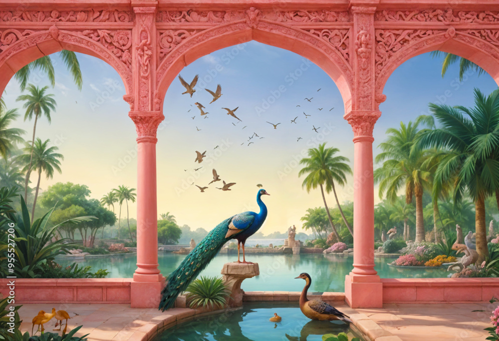 Wall mural Ancient Mughal garden, arch, lake, peacock, bird vector illustration Indian traditional art prints wallpaper