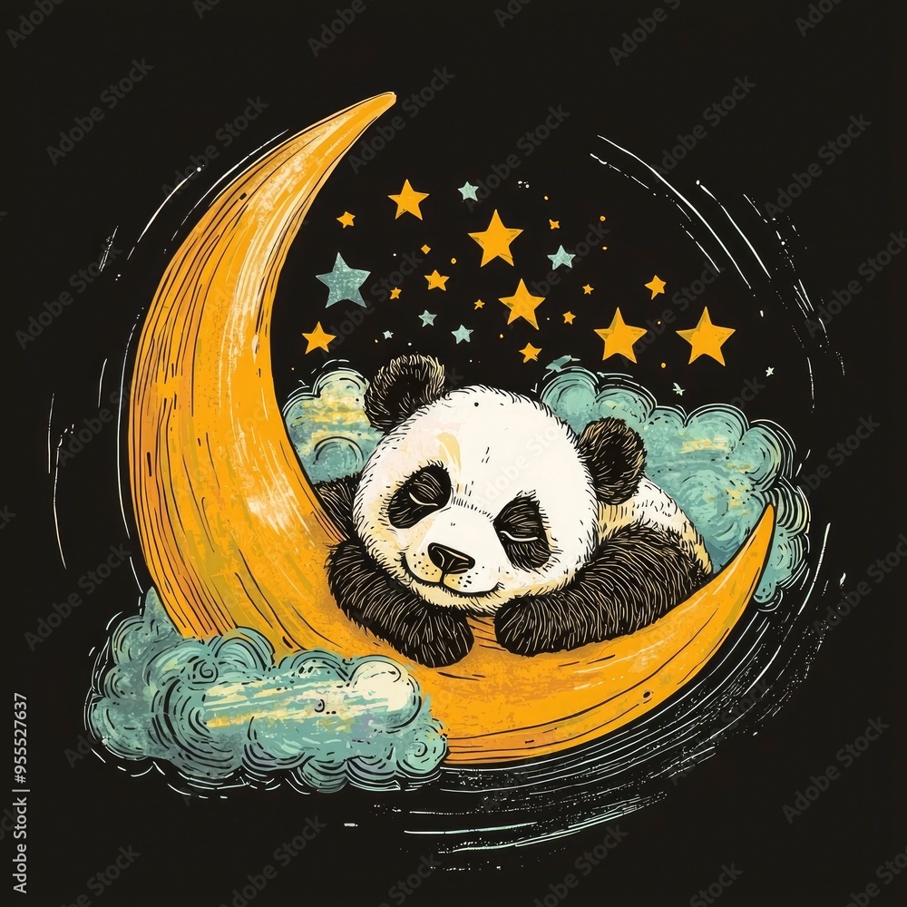 Sticker Cute Panda Sleeping on the Moon with Stars