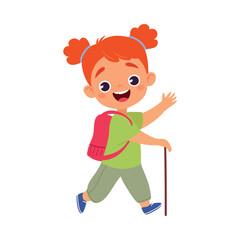 Girl Character with Backpack Hiking Do Sport Vector Illustration