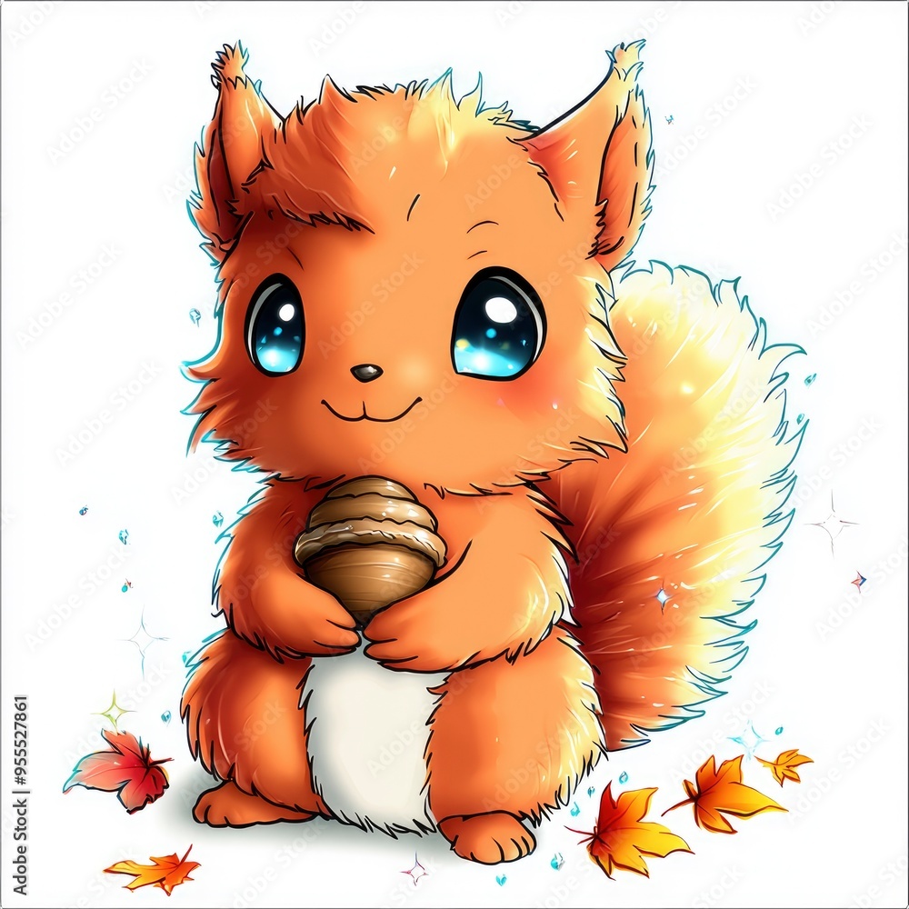 Sticker cute cartoon squirrel with nut