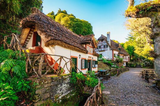 Traditional houses in Queimadas Forest Park near Santana, Madeira. Hiking point to PR9 Levada do Caldeirao Verde