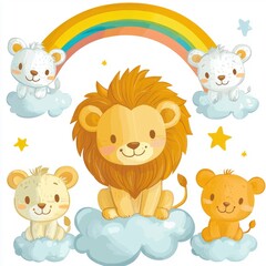 Obraz premium Cute Cartoon Animals on Clouds with a Rainbow