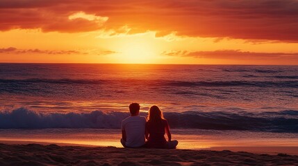 Couple enjoying a sunset on the beach, watching the sky change colors