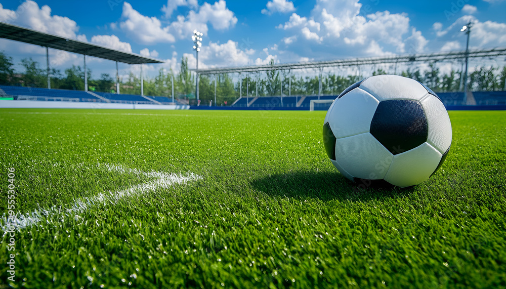 Wall mural soccer ball on the green field in soccer stadium