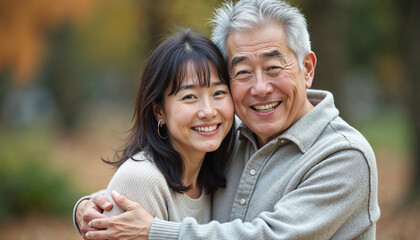 Fototapeta premium A middle-aged Asian couple happily smiling