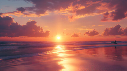 Obraz premium A lone surfer walks along the beach at sunset with a surfboard under their arm.