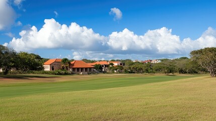Naklejka premium Exploring an ancient region highlights the intricate stone walls against a vibrant blue sky with fluffy clouds, reflecting a rich history