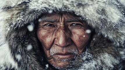Portrait of an elderly face in fur hood, deep in snowy wilderness