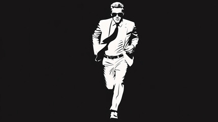 High-Contrast Black and White Stencil Illustration of a Man in a Suit Running Forward, Dynamic Silhouette with Bold Lines, Minimalist Graphic Art Emphasizing Speed and Intensity