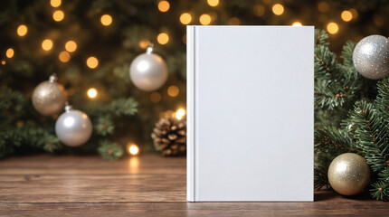 Portrait blank book cover template standing against background with Christmas tree. Winter holiday gift mockup holiday promotion. Front view of magazine mockup