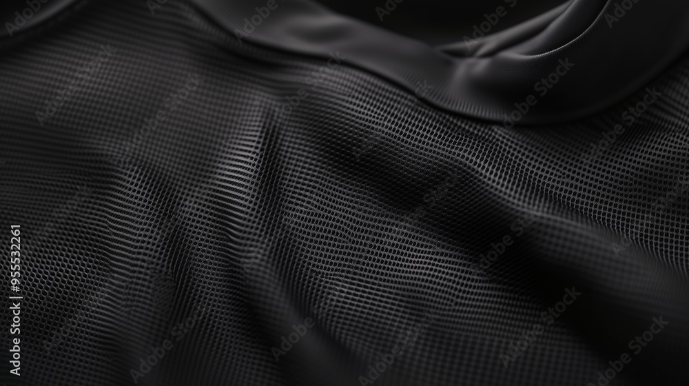 Poster close-up view of textured black fabric highlighting intricate patterns and mesh design in natural li