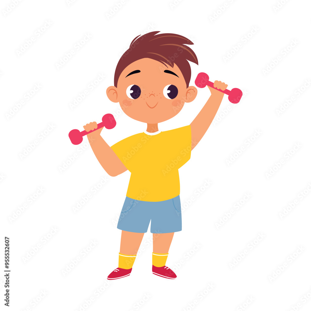 Poster Boy Character Lift Dumbbell Do Sport Vector Illustration