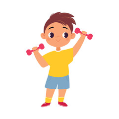 Boy Character Lift Dumbbell Do Sport Vector Illustration