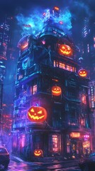 Obraz premium Haunted House with Holographic Ghosts and Glowing Neon Displays in a Dystopian Megacity at Night