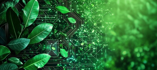 Digital nature fusion concept illustration for eco-friendly technology themes and green innovation design