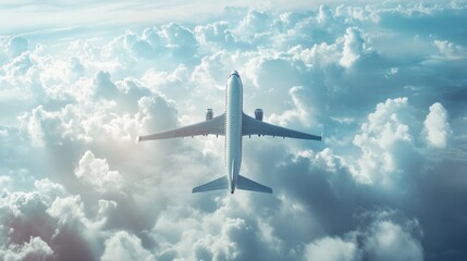 Fototapeta premium Air travel via a white passenger aircraft soaring in the sky with breathtaking clouds in the backdrop