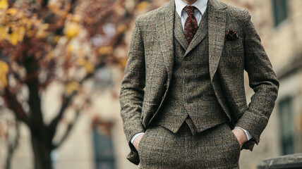 Vintage Elegance: Dapper Gentleman in Three-Piece Suit, Classic Menswear Style, Outdoor Setting, Golden Hour Lighting for Fashion, Wedding, and Period Drama Imagery