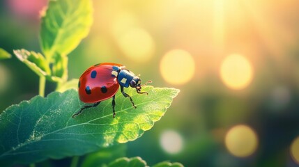 Obraz premium Macro shots, Beautiful nature scene. Beautiful ladybug on leaf defocused background.,
