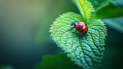 Fototapeta premium Macro shots, Beautiful nature scene. Beautiful ladybug on leaf defocused background.,