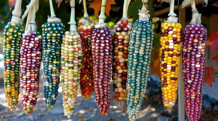 Fototapeta premium colorful corn hanging from the sides of rafters