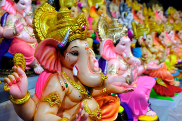 31 August 2024, Pune, India, Ganesha or Ganapati for sale at a shop on the event of Ganesh festival in India, Eco friendly God Ganesha Statue made from clay.