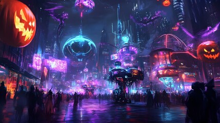 Obraz premium Enchanting Halloween Parade with Glowing Neon Floats and Biomechanical Costumed Attendees