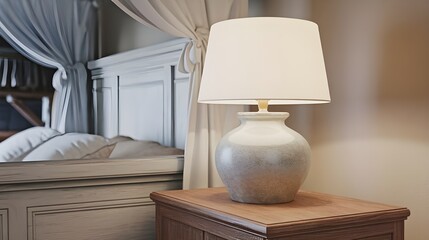 A lamp on a bedside cabinet near a bed in a farmhouse-style bedroom. The lamp has a white shade and sits on a wooden cabinet.