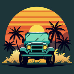 car with sunset and retro-style palm silhouette vector t shirt design	
