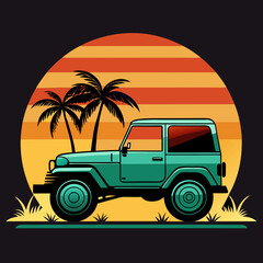 car with sunset and retro-style palm silhouette vector t shirt design	