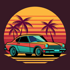 car with sunset and retro-style palm silhouette vector t shirt design	