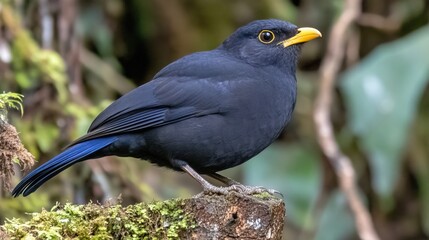 Obraz premium A striking blue-crested blackbird rests atop a tree trunk, surrounded by lush greenery in a vibrant tropical rainforest, showcasing the beauty of wildlife in its natural habitat