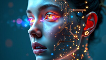 Human Face Merging with Digital Interface, Neon Circuits, Holographic Data