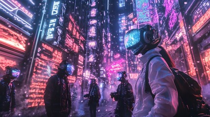Futuristic Halloween Costume Party in Neon Lit Holographic City with Digital and Music